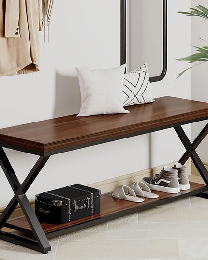 IBF Wood Entryway Bench Indoor, Industrial Wooden Metal Entry Shoe Storage Bench in Bedroom, Farmhouse Hallway Shoe Rack Bench Seating for Foyer Living Dining Room End of Bed, Walnut, 47 Inch