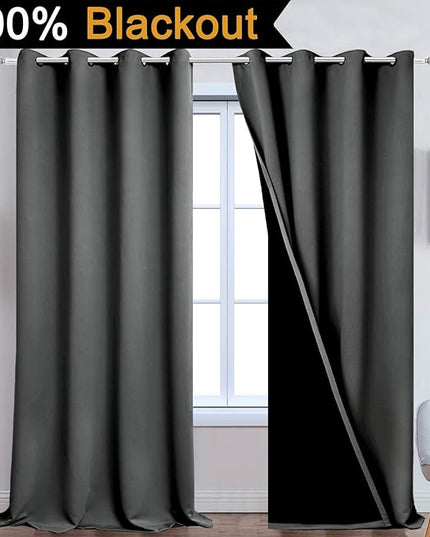 Yakamok 100% Blackout Lined Panels, Thermal Insulated Blackout Curtains for Bedroom, Heat Blocking Drapes for Living Room(52Wx108L, Dark Grey, 2 Panels)