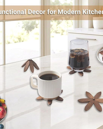 Yuoyar Coasters, Wooden Tree-Shaped Sapeli Wood Drink Coasters Set for Coffee Table, Kitchen Table Decor