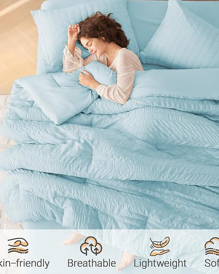 MUXHOMO 7 Pieces Queen Comforter Set, Seersucker Bed in a Bag Queen Size, All Season Luxury Bedding Set with Comforter, Flat Sheet, Fitted Sheet, Pillowcases & Shams, Lake Blue