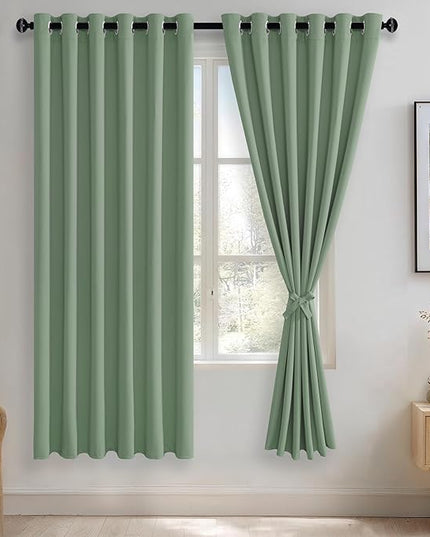 JIUZHEN Light Sage Blackout Curtains with Tiebacks Thermal Insulated, Light Blocking and Noise Reducing Grommet Curtains for and Living Room, Set of 2 Window Curtain Panels, 70 x 72 Inch Length