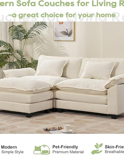 86" Modular Sectional Sofa, Comfy Cloud Couch Sectional Sofa with Ottoman, Chenille Sofa Sleeper Deep Seat Sofa with Throw Pillows for Living Room (Beige White, 86"- L Shape)