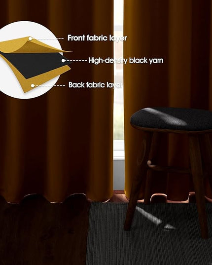 HOMEIDEAS Blackout Curtains 52 X 96 Inch Long Set of 2 Panels Mustard Yellow Room Darkening Bedroom Curtains/Drapes, Thermal Grommet Light Bolcking Window Curtains for Living Room