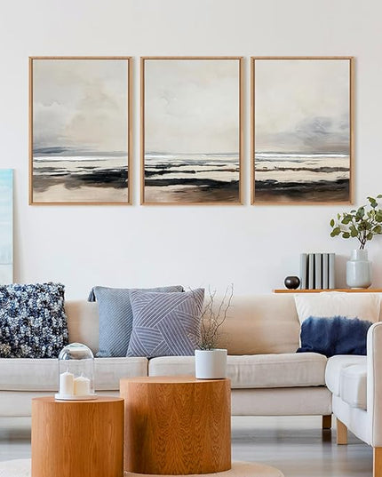 HOURIA Large Neutral Abstract Gray Framed Wall Art Set,Minimalist Modern Beige Brown Landscape Wall Decor,Wilderness Filed Artwork,Watercolor Misty Lake Print for Living Room,Bedroom,Office- 24"x36"x3