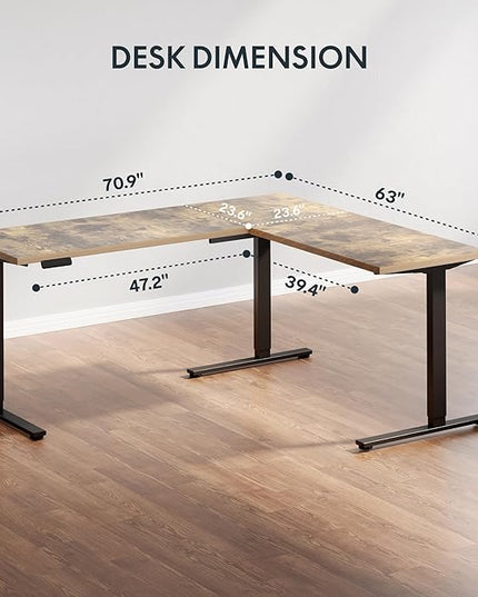 SANODESK L Shaped Standing Desk Adjustable Height, Electric Corner Standing Desk, 71 x 63 inch Sit Stand Computer Table with Splice Board, Rustic Brown