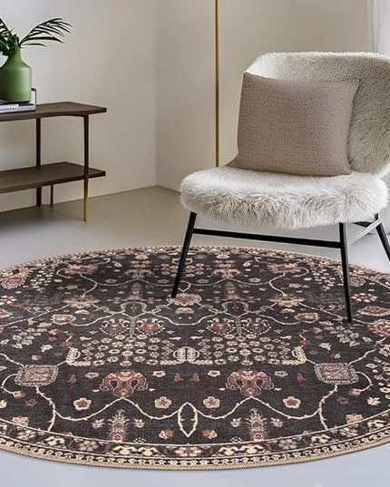 GLN Rugs Bohemian Collection - Machine Washable Area Rug, Bohemian Vintage, Non Slip, Low Pile Chenille Rug, Living Room, Bedroom, Bathroom Rug (5'3" Round Black)