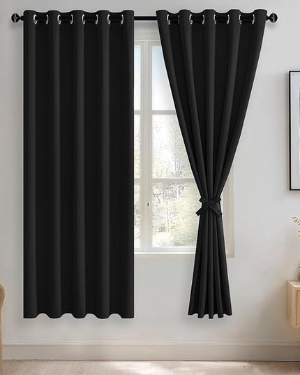 JIUZHEN Black Blackout Curtains with Tiebacks - Thermal Insulated, Light Blocking and Noise Reducing Grommet Curtains for Bedroom and Living Room, Set of 2 Window Curtain Panels, 60 x 72 Inch Length