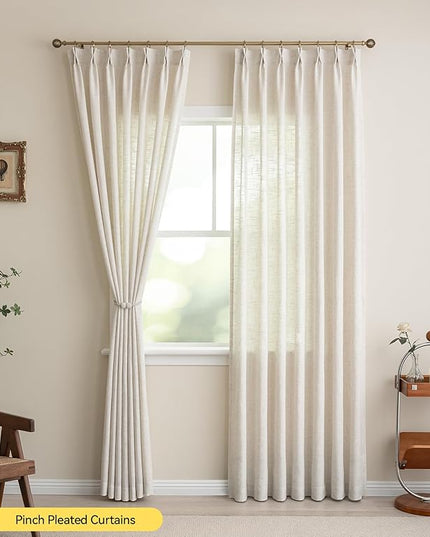 Pinch Pleated Linen Curtains 90 Inches Long - Light Filtering Curtains for Living Room, Semi Sheer Window Curtains for Bedroom, Luxury Pinch Pleated Drapes with Hooks and Rings, Natural, 2 Panels Set