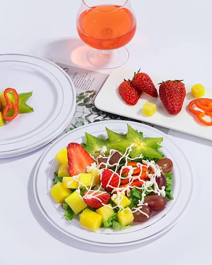 bUCLA 100Pieces Silver Rim Plastic Plates - 7.5inch Silver Salad/Dessert Plates Disposable - Ideal for Weddings, Parties & Christmas
