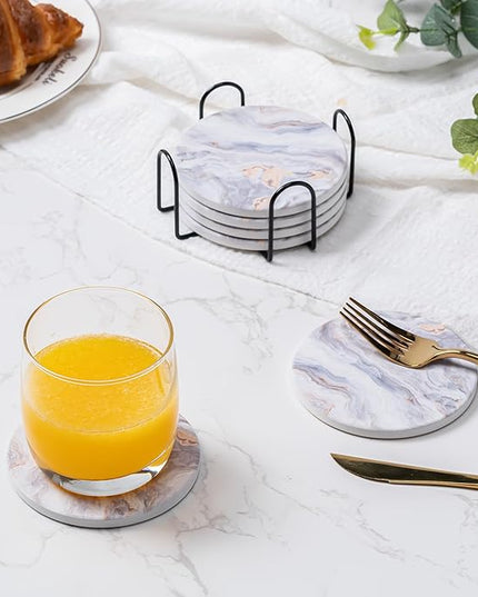 Hoewina 6Pcs Drink Coasters with Holder, Marble Style Ceramic Drink Coaster, Absorbent Coasters Set Suitable for Kinds of Cups, Modern Style Coasters for Coffee Table, 4 Inches（Style 8）