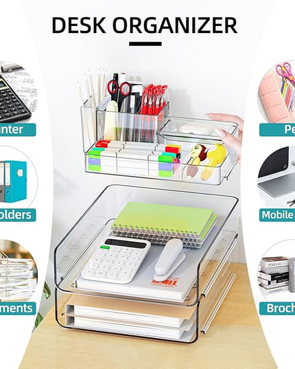 YKLSLH Paper Organizer Letter Tray - Acrylic Stackable Desk File Organizer with 5-Gird Tray and Pencil Holder, Clear Paper Sorter Office Organizer for Letter/A4, Office File Ipad Books Notes Etc