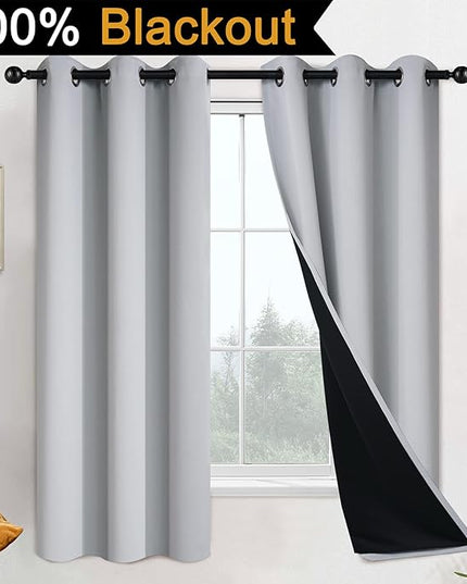 Yakamok 100% Blackout Curtains for Bedroom 63 Inch Length, 2 Thick Layers Thermal Insulated Grommet Total Blackout Drapes with Black Liner for Living Room (42Wx63L,Light Grey, 2 Panels)