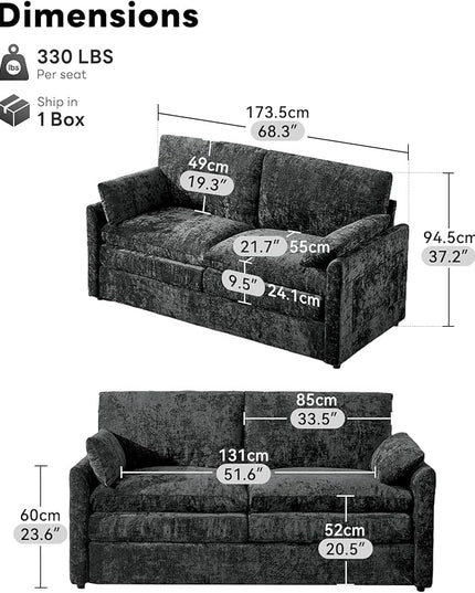 Tbfit Modern Loveseat Couch, 68" Cloud Sofa Spring Seat Cushion, Comfy 2-Seater Love Seat with Pillows, Chenille Removable Cover, Soft Upholstered Living Room Furniture Home Apartment, Dark Gray