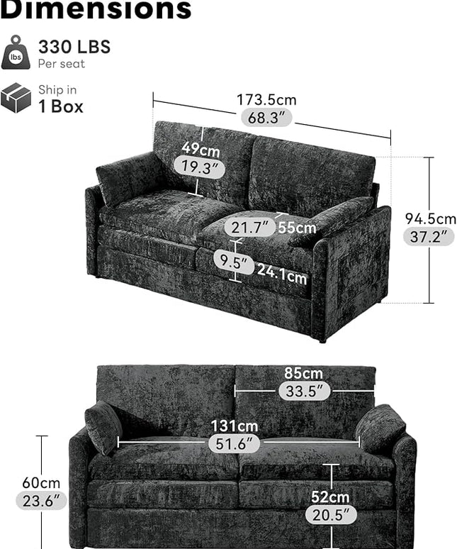 Tbfit Modern Loveseat Couch, 68" Cloud Sofa Spring Seat Cushion, Comfy 2-Seater Love Seat with Pillows, Chenille Removable Cover, Soft Upholstered Living Room Furniture Home Apartment, Dark Gray