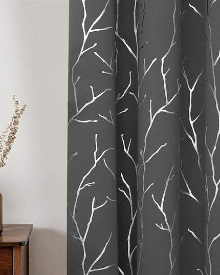 BUHUA Blackout Curtains Set of 2 Panels, Small Window Grommet Top Window Drapes, Room Darking Short Bedroom Curtains with Branches Silver Print Pattern 52W x 54L, Dark Grey