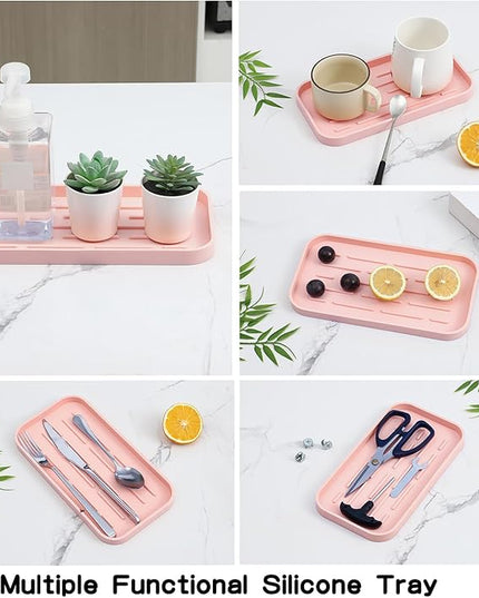 Silicone Kitchen Sink Organizer Tray for Multiple Usage,Easy Clean,Eco-Friendly Sponges Holder for Kitchen Bathroom Counter or Sink,Dish Soap Dispenser,Scrubber,Bottle,Cup Pink 10”x 5.3”