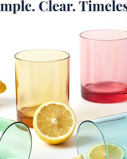 US Acrylic Classic Plastic Reusable Drinking Glasses (Set of 6) 12oz Rocks Cups Assorted Colors | BPA-Free Tumblers, Made in USA | Top-Rack Dishwasher Safe