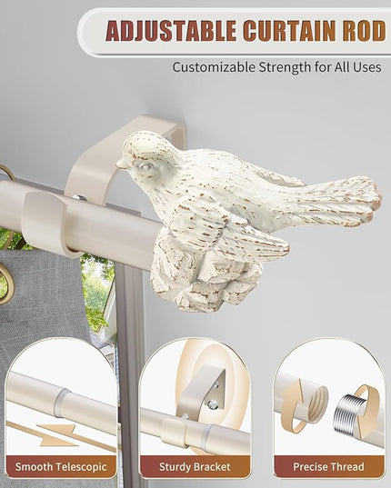 White Curtain Rod 36 to 120 Inches Curtain Rods for Windows Adjustable Drapery Rod with Bird Finials Heavy Duty Curtains Rods White for Kitchen Window Living Room