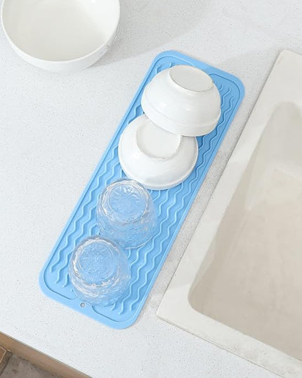 Silicone Dish Drying Mat for Multiple Usage,Easy clean,Eco-friendly,Heat-resistant Silicone Mat for Kitchen Counter,Sink,Bar,Bottle,or Cup Light Blue M 17 inches x 6 inches