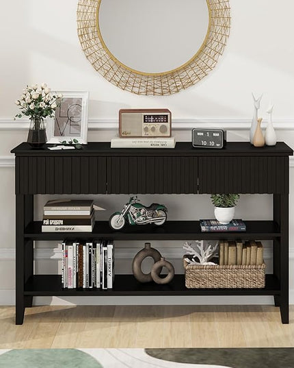 LAZZO Painted Wood Console Table Narrow Long Modern Fluted Entryway Table Behind Sofa Couch with 3 Drawers and 2-Tier Storage Shelf for Living Room, Foyer and Hallway (Black, 2 Tiers)