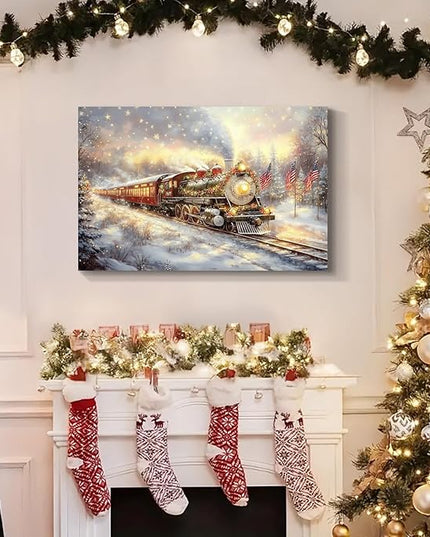 YONICA Christmas Wall Decor Christmas Canvas Wall Art Home Decorations 18x12 Inches - Christmas Pictures Christmas Train with Flags Prints Winter Painting Xmas Artworks for Living Room Bedroom