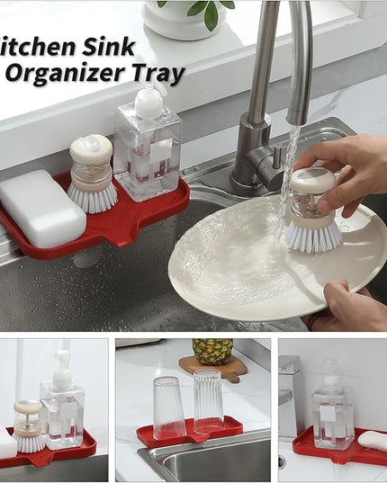 Silicone Bathroom Soap Dishes with Drain Spout-Bathroom and Kitchen Sink Organizer,Sponge Holder,Dish Soap Tray,Perfect for Dispenser,Scrubber,Bottle,Cup on Sink or Counter-Red 9.6"×5.3"