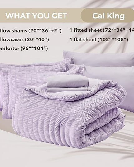 HYMOKEGE Lavender California King Comforter Set Seersucker 7 Pieces, All Season Luxury Bed in a Bag for Bedroom, Bedding Set with Comforters, Sheets, Pillowcases & Shams