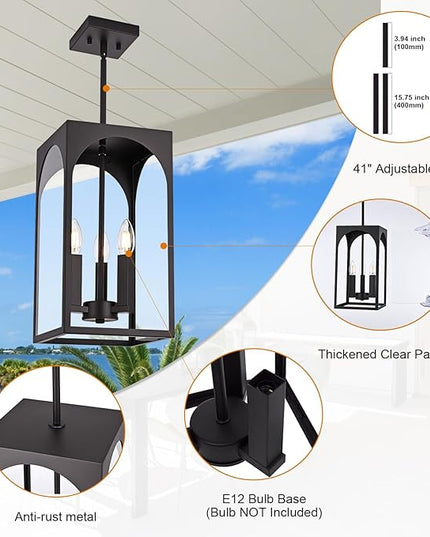 VINLUZ Modern Oil Rubbed Bronze Chandelier 3 Light Dining Room Light Fixture with Clear Glass Shade Industrial Outdoor Pendant Lights for Entryway Hallway Porch
