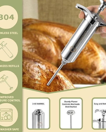 JY COOKMENT Meat Injector Syringe - Flavor Injector with 3 Stainless Steel Professional Needles;2pcs Cleaning Brush for BBQ Grill Smoker 2-oz Large Capacity Barrel