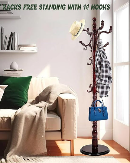 73" Wooden Coat Rack Stand,Coat Racks Freestanding With 14 Hooks And Solid Round Base Heavy Duty Adjustable Height Hall Tree Coat Rack for Entryway Hallway Foyer Office Bedroomf (Red sandalwood)