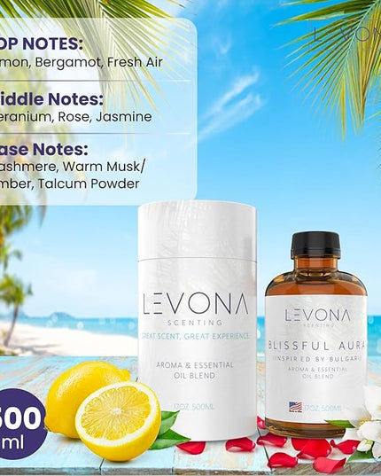 Levona Scent Essential Oil - Fresh Aroma for Home, Office, Hotel & Spa, Perfect in Humidifiers and Diffusers, Luxury Fragrance, With Roses, Geranium, Zesty Lemon Notes - 500ml/ 17 fl oz, Blissful Aura