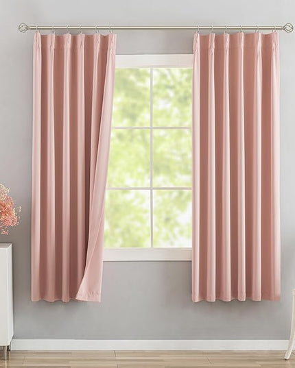 DONREN Baby Pink Pinch Pleated Blackout Curtains with Hooks - 63 inch Length Room Darkening Thermal Insulated Short Window Curtain Panels for Bathroom Baby Room 2 Panel 40" Wx63 L