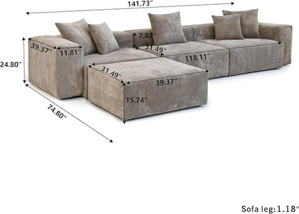 JACH Modern Sectional Couch Sofa, Corduroy Modular Sectional Couch with Chaise Ottoman, Cushion Covers Removable, Oversized Soft Couches for Living Room, Office (Light Brown)