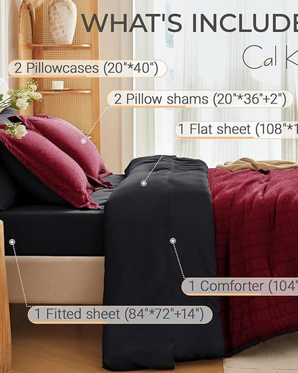 MUXHOMO 7 Pieces California King Comforter Set, Seersucker Bed in a Bag Cal King Size, All Season Luxury Bedding Set with Comforter, Flat Sheet, Fitted Sheet, Pillowcases & Shams, Red & Black