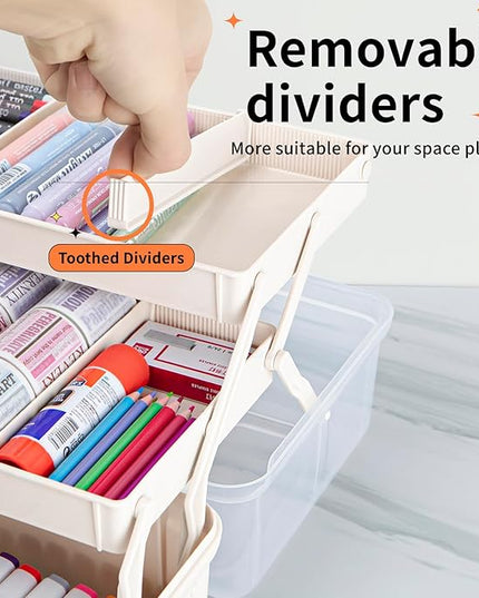 12.5in 3-Layer Multipurpose Craft Organizers and Storage with Adjustable Dividers, Portable Tackle Box, Folding Art & Craft Case for Medicine, Tool, Sewing Organizer (White)