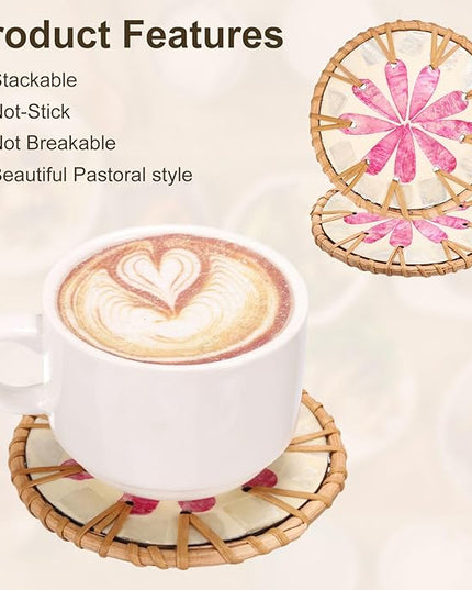 uxcell 2Pcs Handmade Woven Rattan Coasters, Heat-Resistant Drink Coasters for Coffee Table Dining Room Kitchen Coffee Wine Decor, Pink Petal