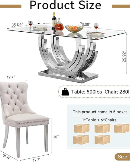 7 Piece Dining Table Set with 6 Beige Dining Chairs, Modern Glass Kitchen Table and Chairs Set for 6, 70" Rectangle Silver Glass Pedestal Dining Room Tables with Ring-Shape Stainless Steel Base