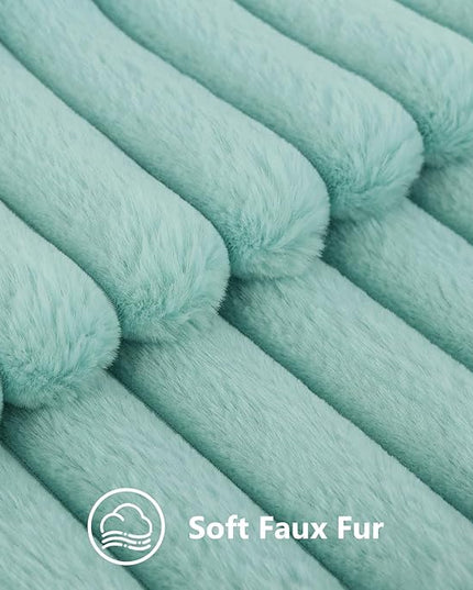 decorUhome Faux Fur Spring Throw Pillow Covers 12x20 Set of 2, Decorative Soft Plush Striped Lumbar Neutral Couch Euro Pillow Covers with Velvet Back for Sofa, Bed, Living Room Home Decor, Aqua