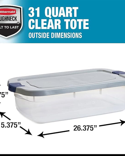 Rubbermaid Roughneck Clear 31 Qt/ 7.75 Gal Storage Containers, Pack of 6 with Snap-Fit Grey Lids, Visible Base, Sturdy and Stackable, Great for Storage and Organization