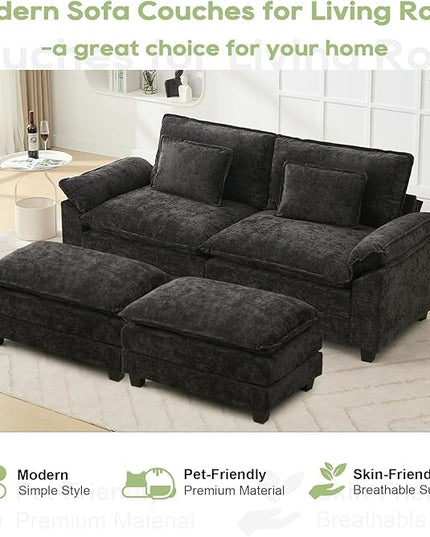 86" Modular Sectional Sofa, Comfy Cloud Couch Sectional Sofa with Ottoman, Chenille Sofa Sleeper Deep Seat Sofa with Throw Pillows for Living Room (Black)