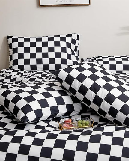 CLOTHKNOW Black White Plaid Full Size Comforter Sets 3Pcs Grid Bedding Comforter Sets Black White Comforter Soft Checkered Comforter with 2 x Pillow Cases