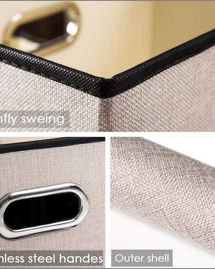 PRANDOM Foldable Storage Bin with Lid [3-Pack] Linen Fabric Decorative Storage Box Organizer Container Basket Cube with Handles Divider for Closet Office Living Room Light Grey(14.9x9.8x9.8)