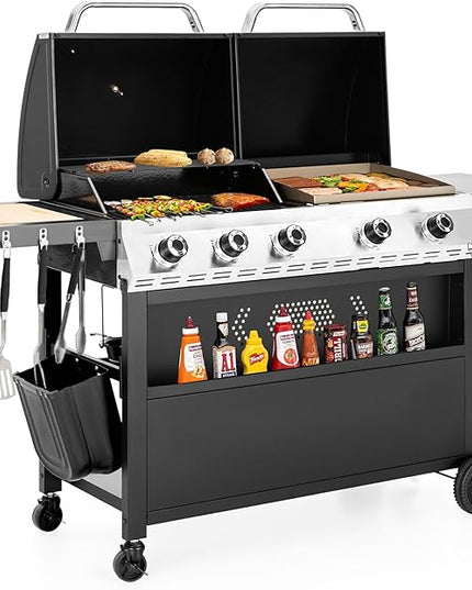 5 Burner Griddle Grill Combo, 2 in 1 Propane Gas BBQ Grill with Porcelain-Enameled Cast Iron Grates & Pan, Outdoor Flat Top Griddle, 695 Sq. In. Propane Barbecue Grill for Patio Backyard Balcony