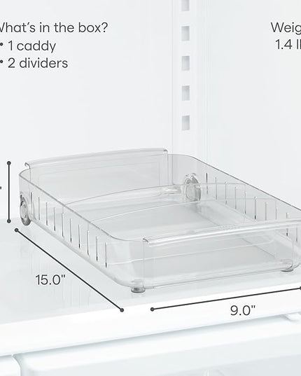 YouCopia RollOut Fridge Caddy BPA-Free Clear Rolling Refrigerator Organizer Bin with Adjustable Dividers and Handles, 9" Wide