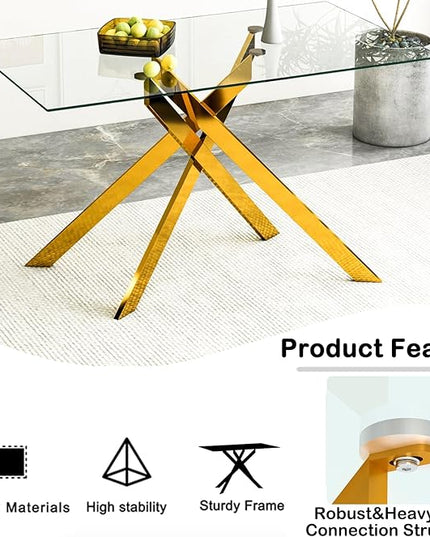 60.63in Rectangular Glass Dining Table Set for 6, Glass Gold Kitchen Table and Chair Set for 6, Modern 7 Piece Dining Room Set with 6 Fabric Upholstered Chairs, Metal Legs Home Kitchen Furniture