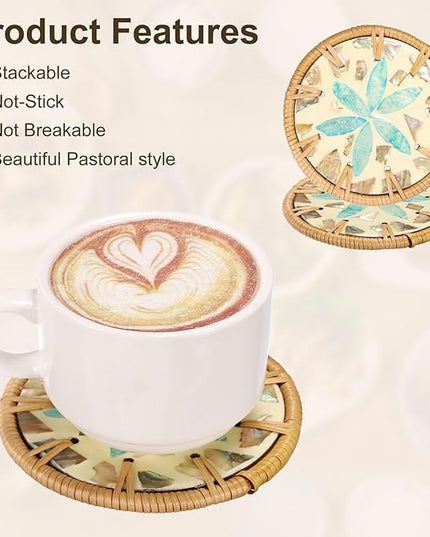 uxcell 2Pcs Handmade Woven Rattan Coasters, Heat-Resistant Drink Coasters for Coffee Table Dining Room Kitchen Coffee Wine Decor, Light Blue Petal