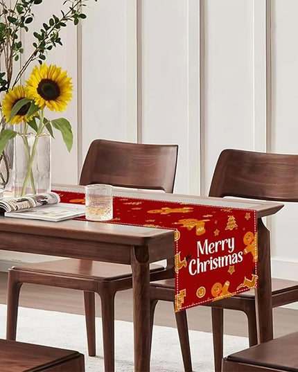 Red Christmas Gingerbread Table Runner 13x72 Inch, Cookie Candy Cane Kitchen Dinning Table Decoration for Home Party Decor