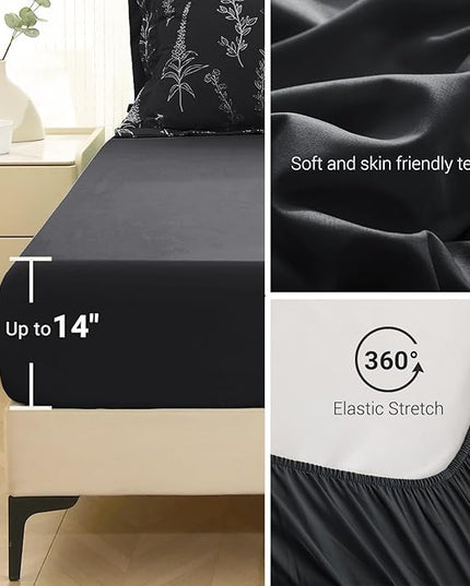 MUXHOMO Black Bed in a Bag Queen 7 Pieces, Queen Comforter Set Reversible Botanical Flowers Design, Ultra Soft & Breathable Bedding Sets with Comforter, Sheets, Pillowcases & Shams