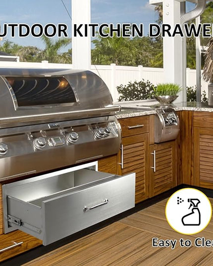 Outdoor Kitchen Drawers 30" W x 10" H x 23" D Flush Mount BBQ Single Drawers with Divider,Built-in Stainless Steel Drawer with Chrome Handle for Outdoor Kitchen Island Patio Grill Station