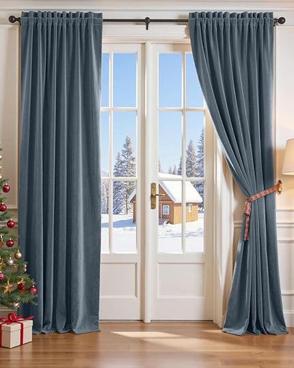 Lazzzy Velvet Blackout Curtains Thermal Insulated Room Window Drapes Super Soft Luxury Curtains for Living Room Bedroom Rod Pocket 2 Panels, Dark Slate, 42" W x 108" L